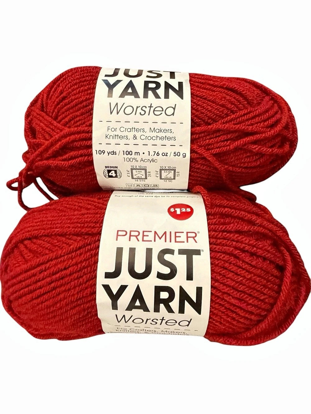 Premier JUST YARN WORSTED 109 yards Each (2 Skeins) Ruby RED #2066-26 Acrylic